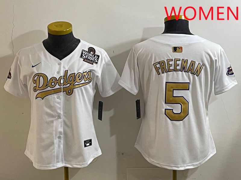 Women Los Angeles Dodgers #5 Freeman White Champion gold character 2025 Nike MLB Jersey style 4124